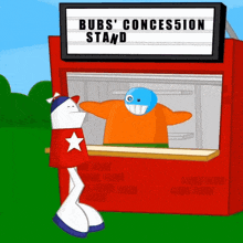 a cartoon character standing in front of a bubs ' concession stand