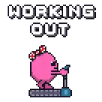 a pixel art illustration of a girl on a treadmill with the words " working out " below her