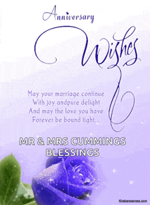 anniversary wishes for mr and mrs cummings with a blue rose in the background
