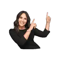 a woman in a black dress is pointing up with her fingers