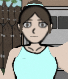 a drawing of a girl with a ponytail and a blue tank top