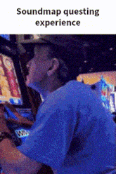a man is playing a video game with the words soundmap questing experience written below him