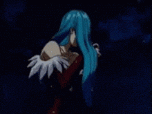 a woman with long blue hair is dancing in the dark
