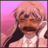 a cartoon girl with a mustache is wearing a pink suit and tie .