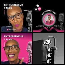 a woman with glasses is featured on the cover of entrepreneur talks podcast