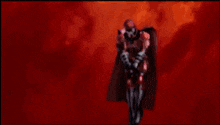 a superhero is flying through the air with a pink light coming out of his chest .