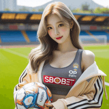 a woman holding a soccer ball with the word sbobet on it