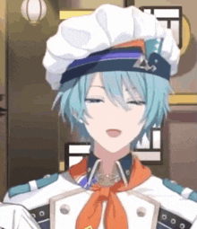 a close up of a person wearing a chef 's hat and a chef 's coat .