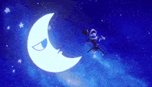 a man in a top hat is flying over a crescent moon
