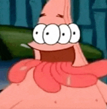 patrick star from spongebob squarepants is making a funny face with his mouth open and his tongue hanging out .