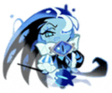 a cartoon character with blue hair is holding a wand and a sword .