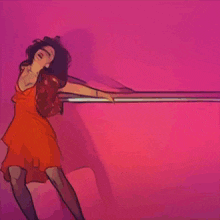 a drawing of a woman in a red dress and pink shoes