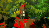 a cartoon drawing of a robot with blue eyes and red hair
