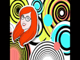 a drawing of a woman with red hair and glasses on a colorful background