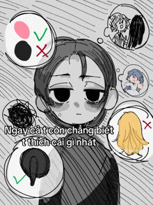 a black and white drawing of a girl surrounded by speech bubbles with the words " ngay ca t con chang bien "