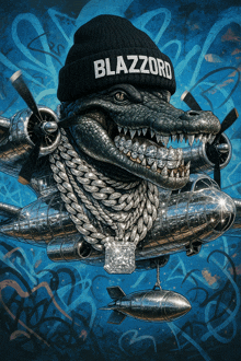 a drawing of a crocodile wearing a beanie that says blazzard on it