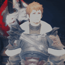 a man in armor stands in front of a red and white axe