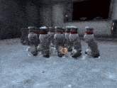 a group of cartoon characters are standing next to each other and one of them has the number 3 on his head