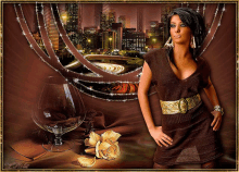 a woman in a brown dress is standing in front of a city
