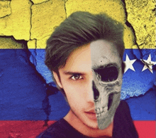 a man with a skull on his face in front of a flag