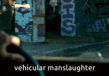 a pixelated image of a man standing in front of a sign that says vehicular manslaughter
