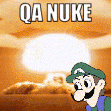 a cartoon of mario standing in front of a nuclear explosion with the words qa nuke on the bottom