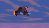a cartoon character is flying over a tower in the sky
