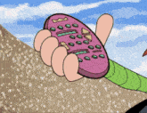 a cartoon character is holding a pink remote control with the number 3 on it