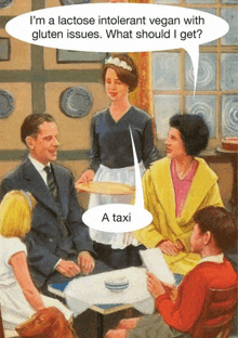 a cartoon of a family sitting around a table with a woman talking about lactose intolerance and gluten issues