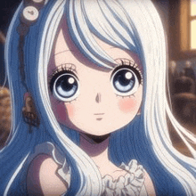 a little girl with long white hair and big blue eyes is wearing a white dress .