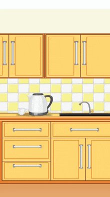 a cartoon illustration of a kitchen with yellow cabinets and a window