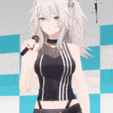 a girl with white hair and black nails is holding a microphone