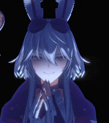 a girl with long blue hair and bunny ears has her hands folded in front of her face