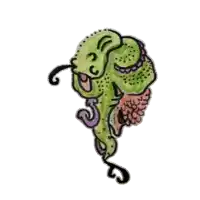 a drawing of a green monster with purple tentacles and a pink brain
