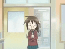 three anime girls are standing in front of a door .