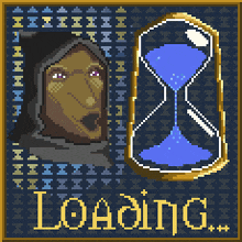 a pixel art loading screen with a hourglass and a man