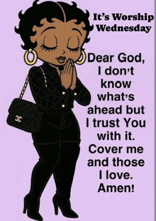 betty boop is wearing a black outfit and holding a black chanel purse .