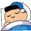 a cartoon character is sleeping in a bed with a blue blanket and a hat on .