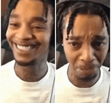 a man wearing headphones is smiling and making a sad face