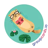 a sticker of a cat reading a book with the words groupcards.io around it