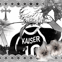 a black and white drawing of a person with kaiser on their shirt