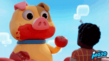 a pig holding a tomato next to a boy with the word mojo on the bottom right