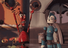 two cartoon robots are standing in front of a building