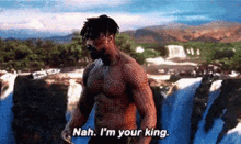 a shirtless man is standing in front of a waterfall .