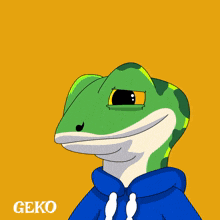 a cartoon of a lizard wearing a blue hoodie with the word geko on the bottom right