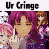 a girl with purple hair is giving the middle finger and the words ur cringe are above her