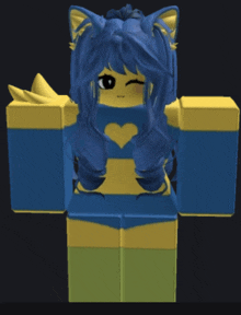 a girl with blue hair and a yellow heart on her shirt
