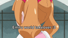 a cartoon of a girl with the words emiru world takeover 3