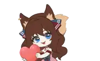 a cartoon drawing of a girl with brown hair and blue eyes holding a red heart