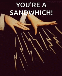 a person is holding a bunch of lightning bolts in their hands and saying you 're a sandwich .
